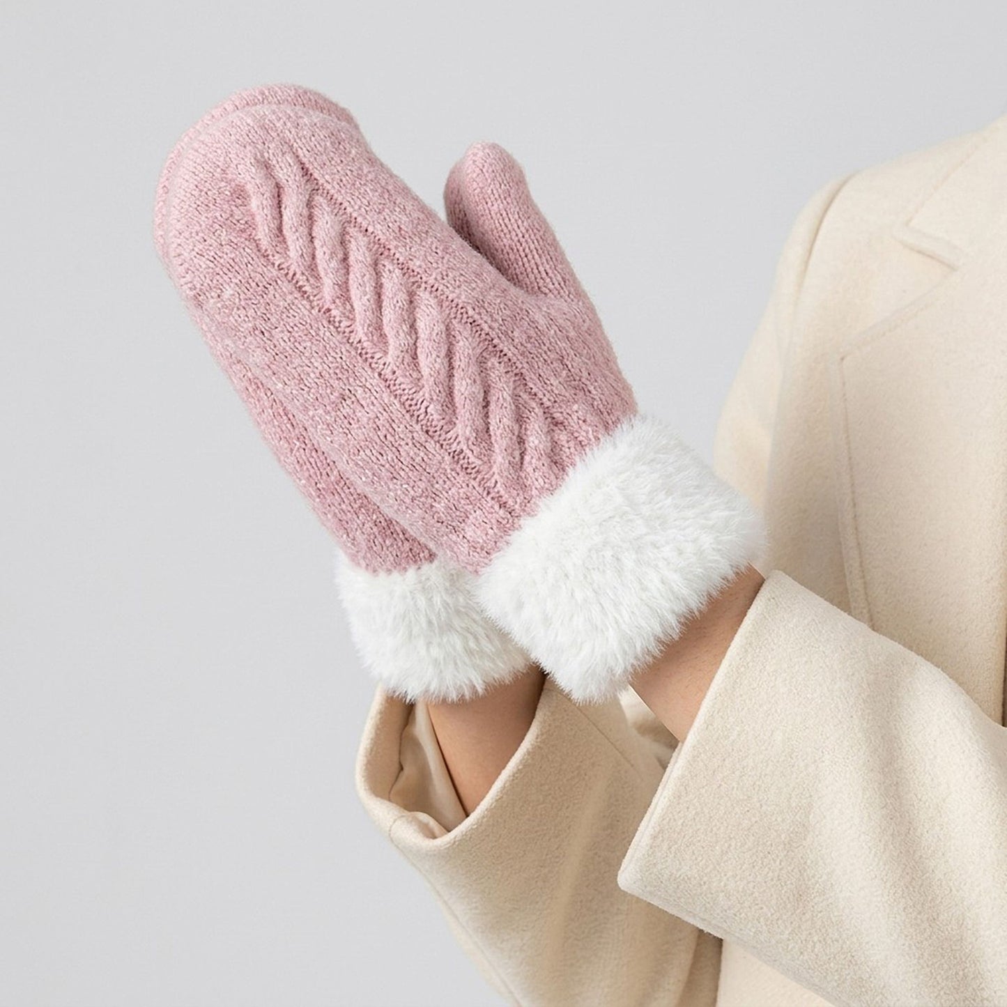 Cable Knit Winter Mittens with Soft Fuzzy Cuffs