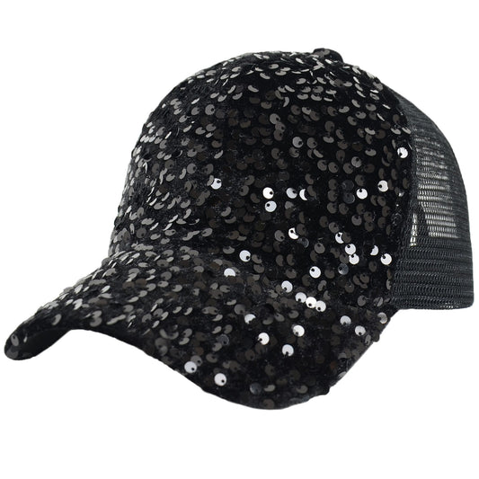Women's Sparkly Sequin Baseball Cap Messy Low Bun Ponycap