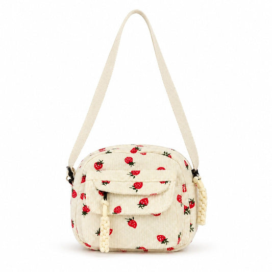 Strawberry Print Corduroy Crossbody Bag with Front Pocket and Adjustable Strap