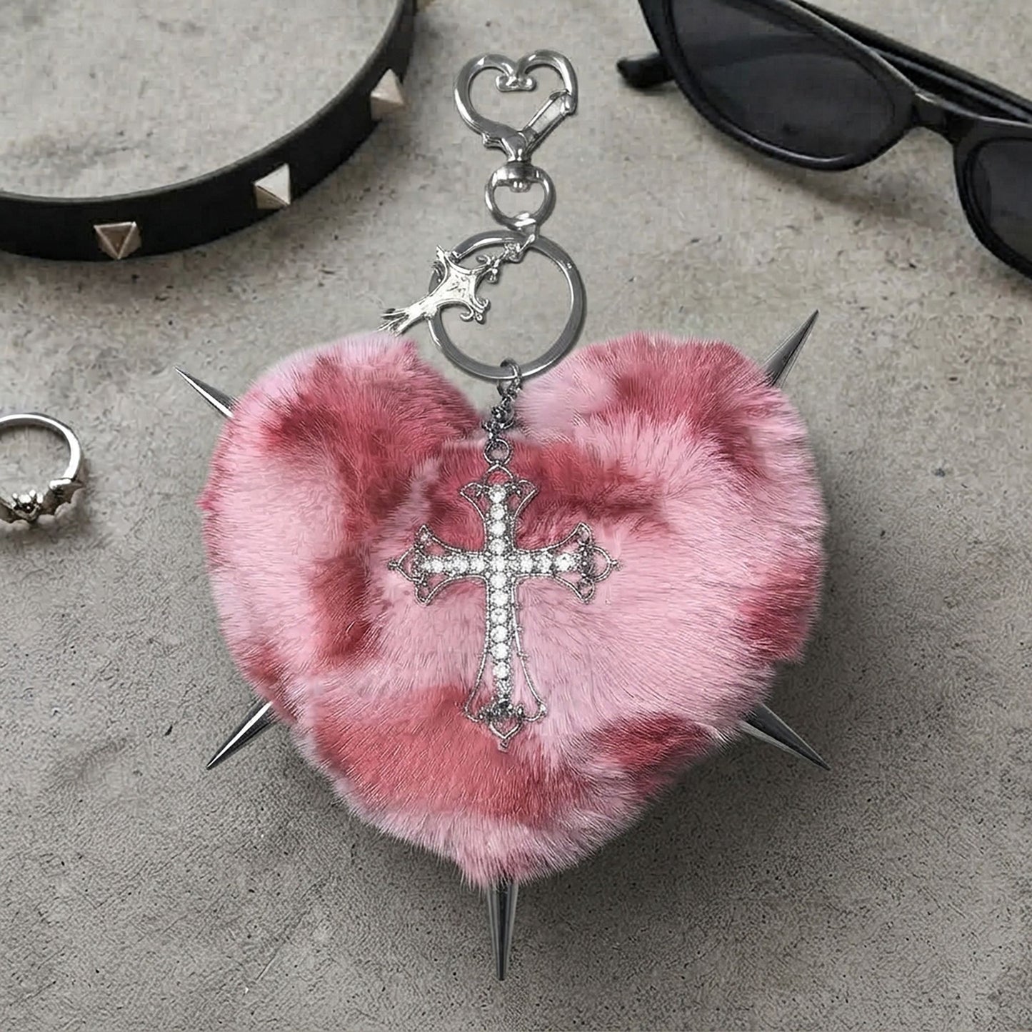 Punk Heart Faux Fur Keychain Rivet Cross Bag Charm Set