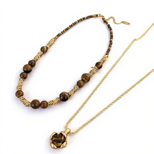 Women's Layered Necklace Set with Beaded Choker and Gemstone Pendant