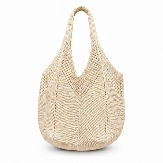 Crochet Knit Tote Bag Openwork Shoulder Bag with Heart Inspired Detail