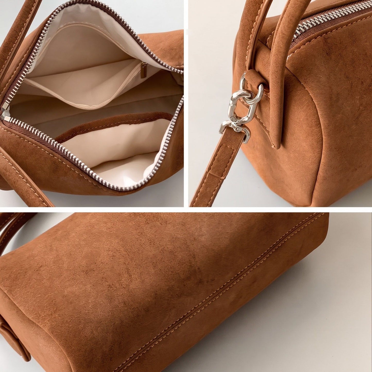 Faux Suede Satchel Bag with Detachable Crossbody Strap Beige