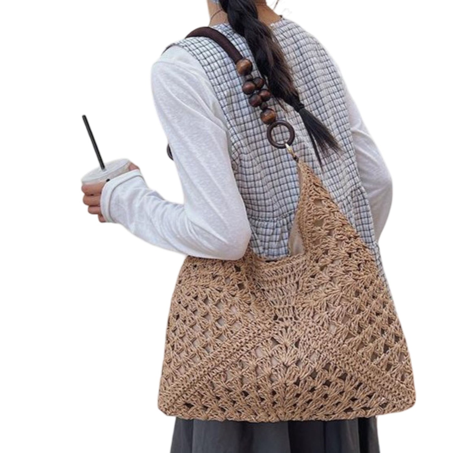 Woven Straw Hobo Bag with Wooden Handle Bead Accents and Spacious Interior