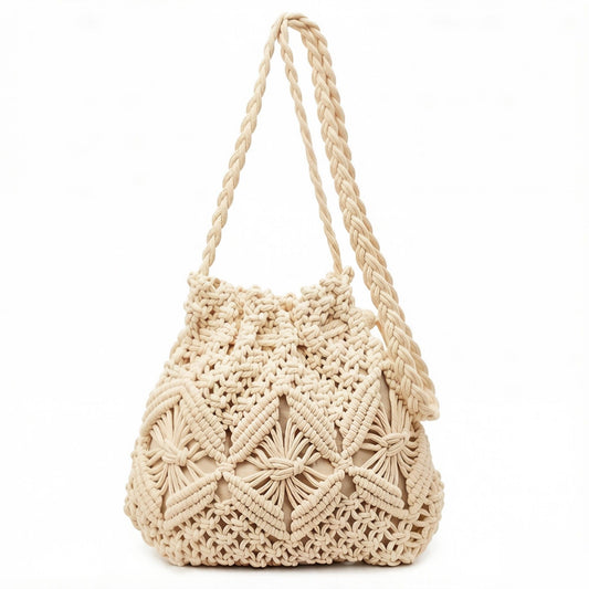 Macrame Bucket Bag Knotted Rope Handbag Drawstring Shoulder Bag Textured Woven Crossbody Style Lightweight Boho Purse