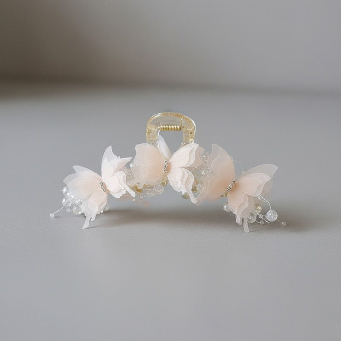Beaded Flower Metal Hair Claw Clip with Curved Design and Textured Accents