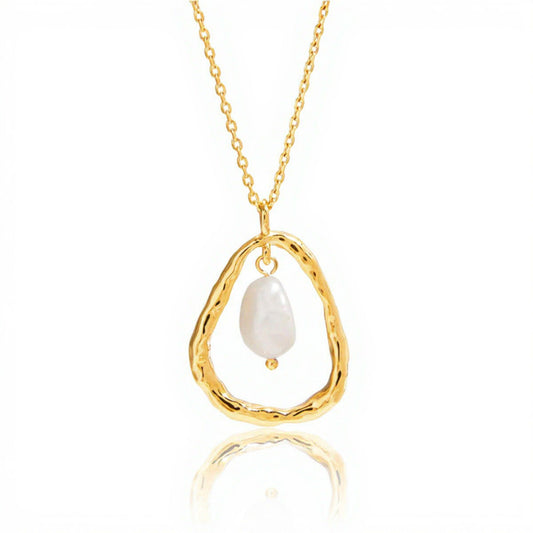 Textured Open Teardrop Pendant Necklace with Organic Hammered Frame and Dainty Suspended Faux Pearl Accent Charm