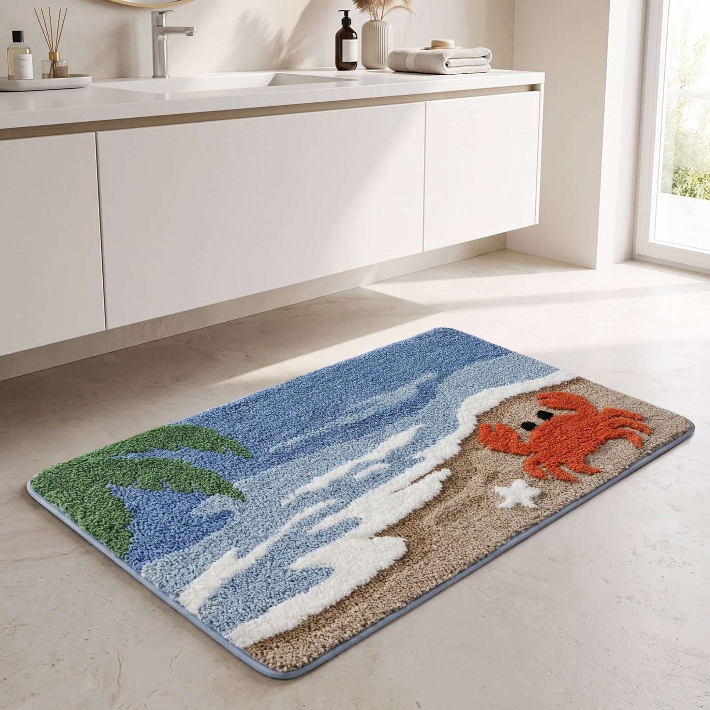 Coastal Ocean Wave Plush Bathroom Mat with Life Preserver and Seashell Design
