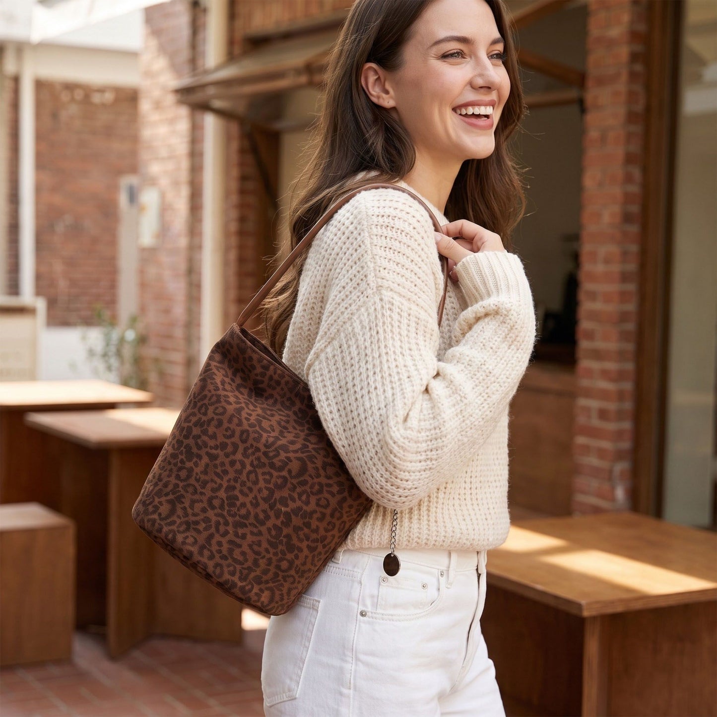 Leopard Print Bucket Shoulder Bag with Chain Charm
