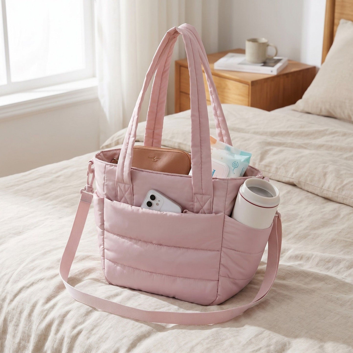 Quilted Puffer Tote Bag with Adjustable Shoulder Strap Multi Pocket Lightweight Carryall Handbag 13x6x10 in