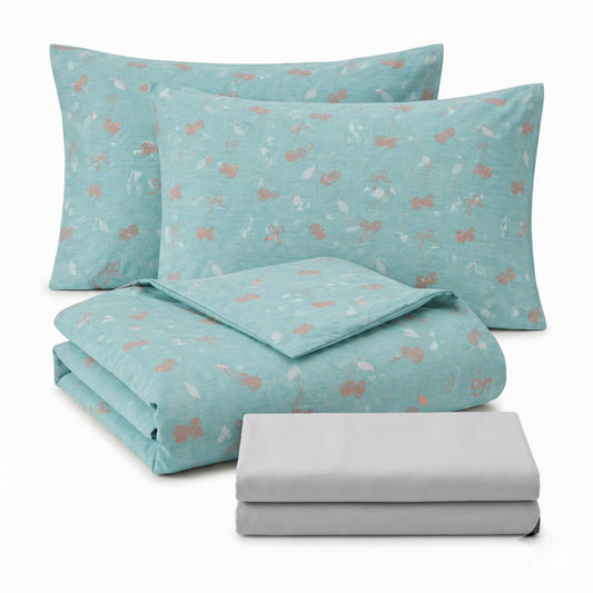 4-Piece Cotton Bedding Set with Cherry Print Duvet Cover and Pillowcases