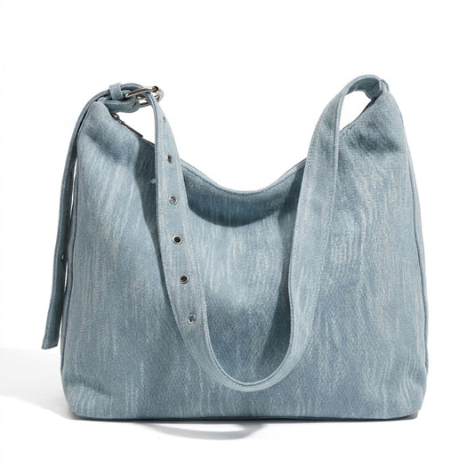 Washed Denim Look Hobo Tote Bag with Adjustable Shoulder Strap