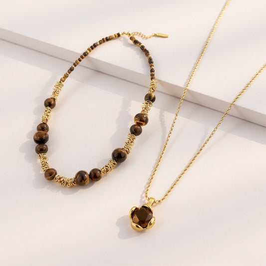 Women's Layered Necklace Set with Beaded Choker and Gemstone Pendant