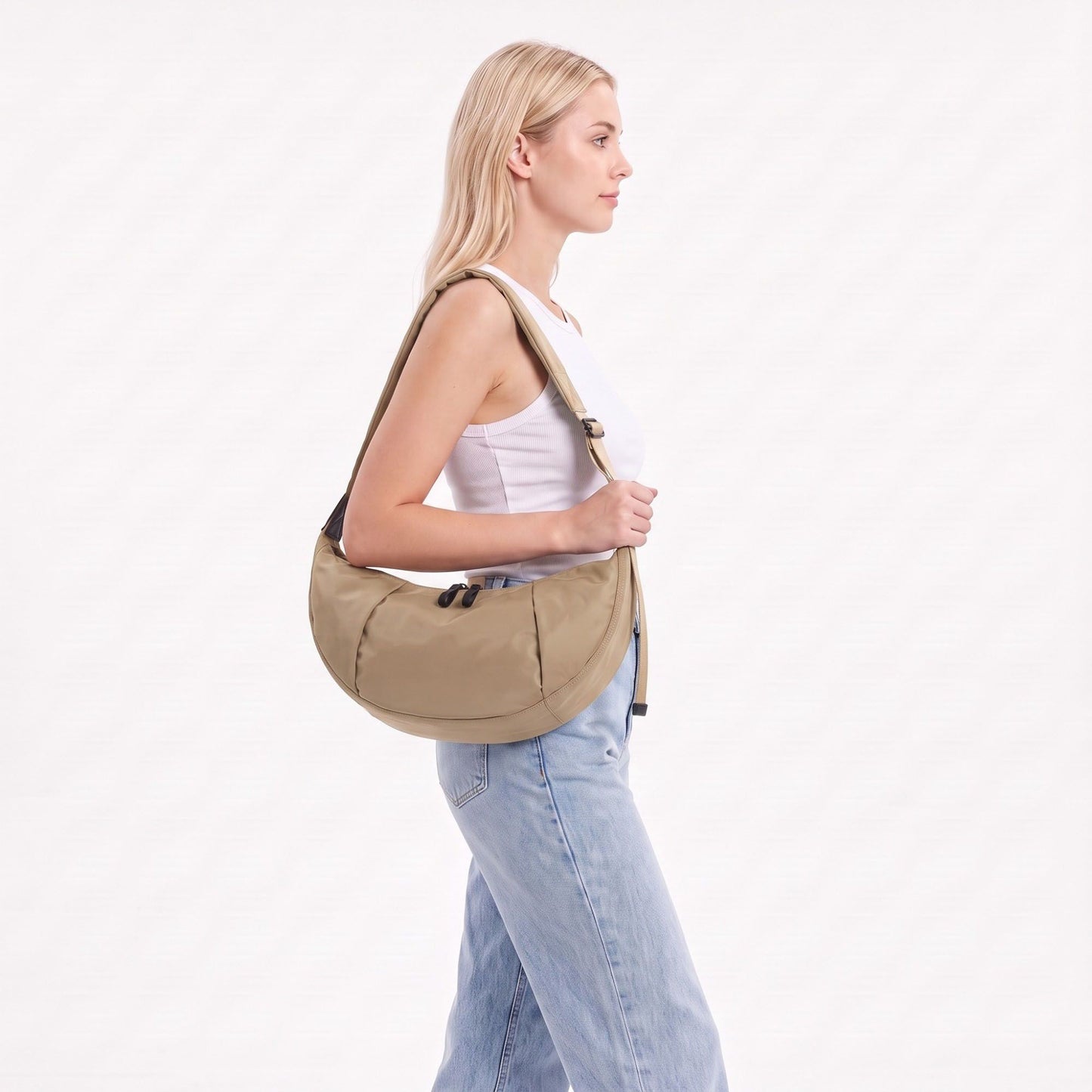 Nylon Crescent Shoulder Bag with Adjustable Strap and Double Zip Closure
