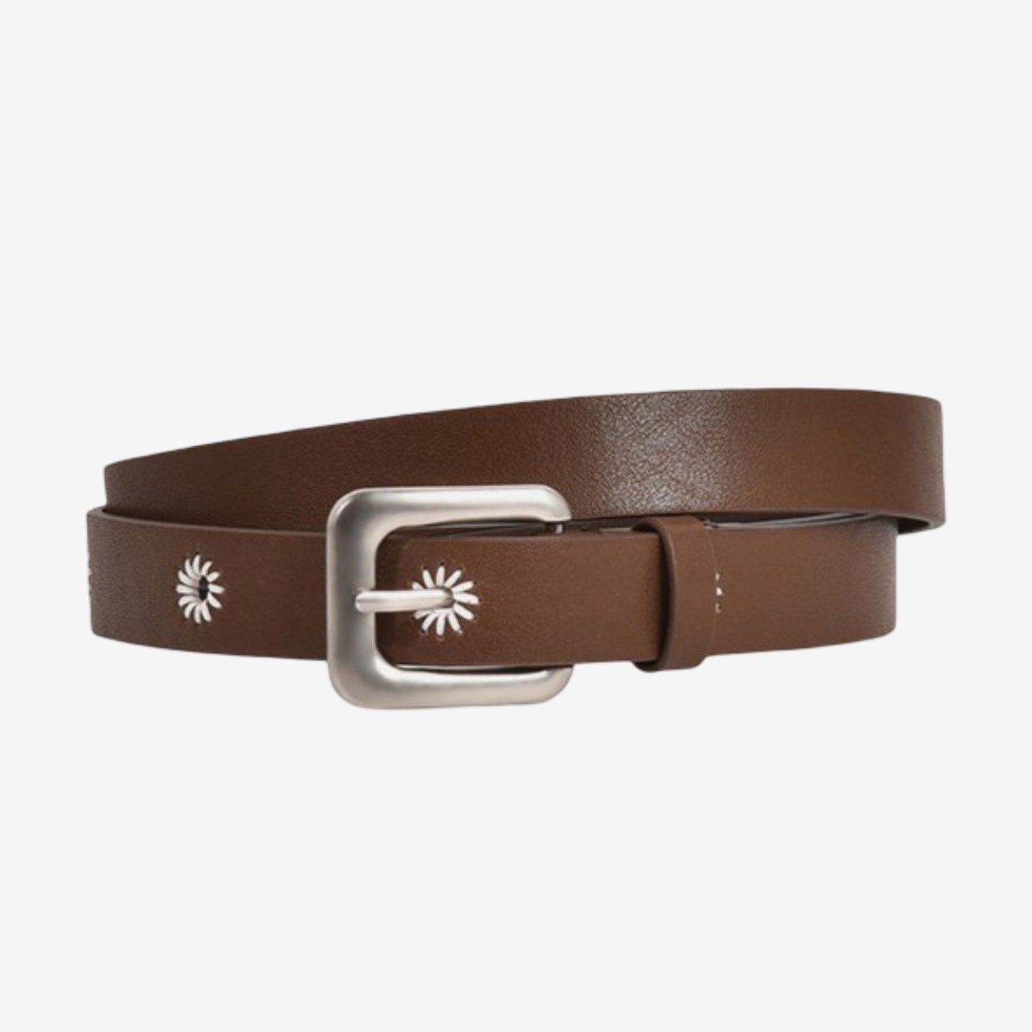 Genuine Leather Belt with Daisy Embroidery and Square Buckle 41.3in