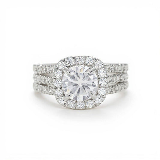 Women's Cushion Halo Engagement Ring with Round Cut Center Stone and Triple Band Design