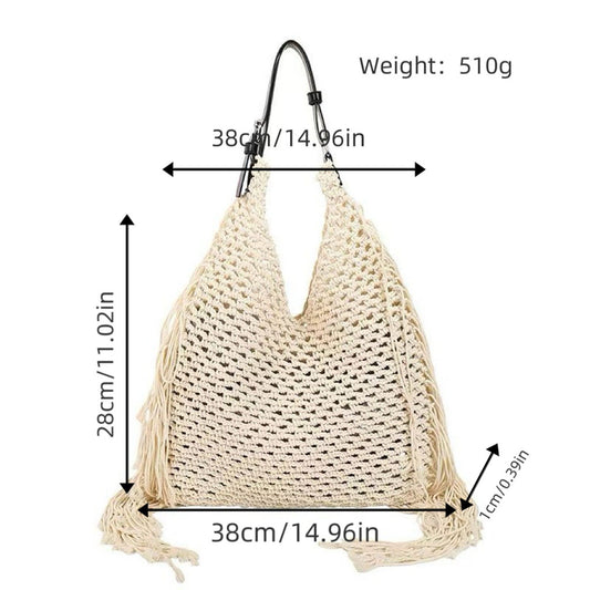 Woven Crochet Shoulder Bag with Fringe Detail Slouchy Hobo Style Lightweight Handbag