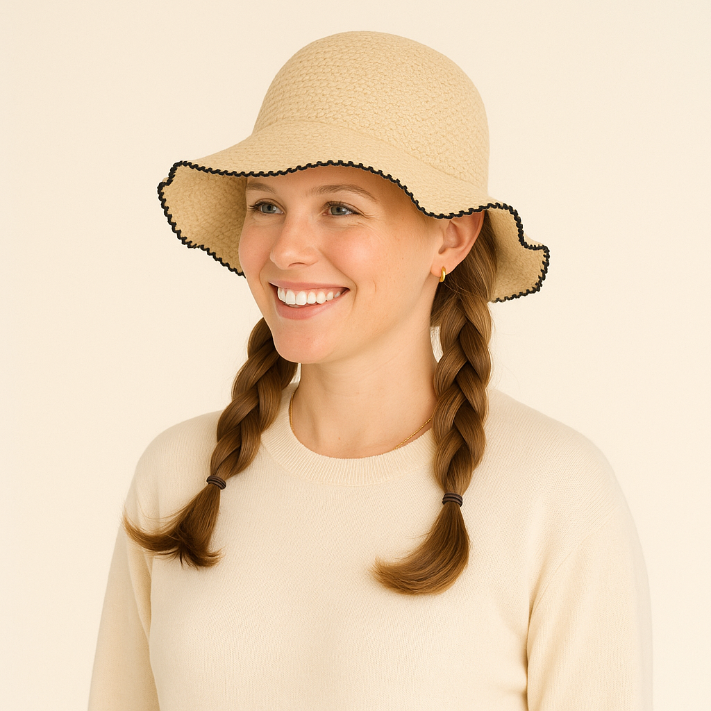 Women's Woven Floppy Bucket Hat with Scalloped Brim Edge Detail