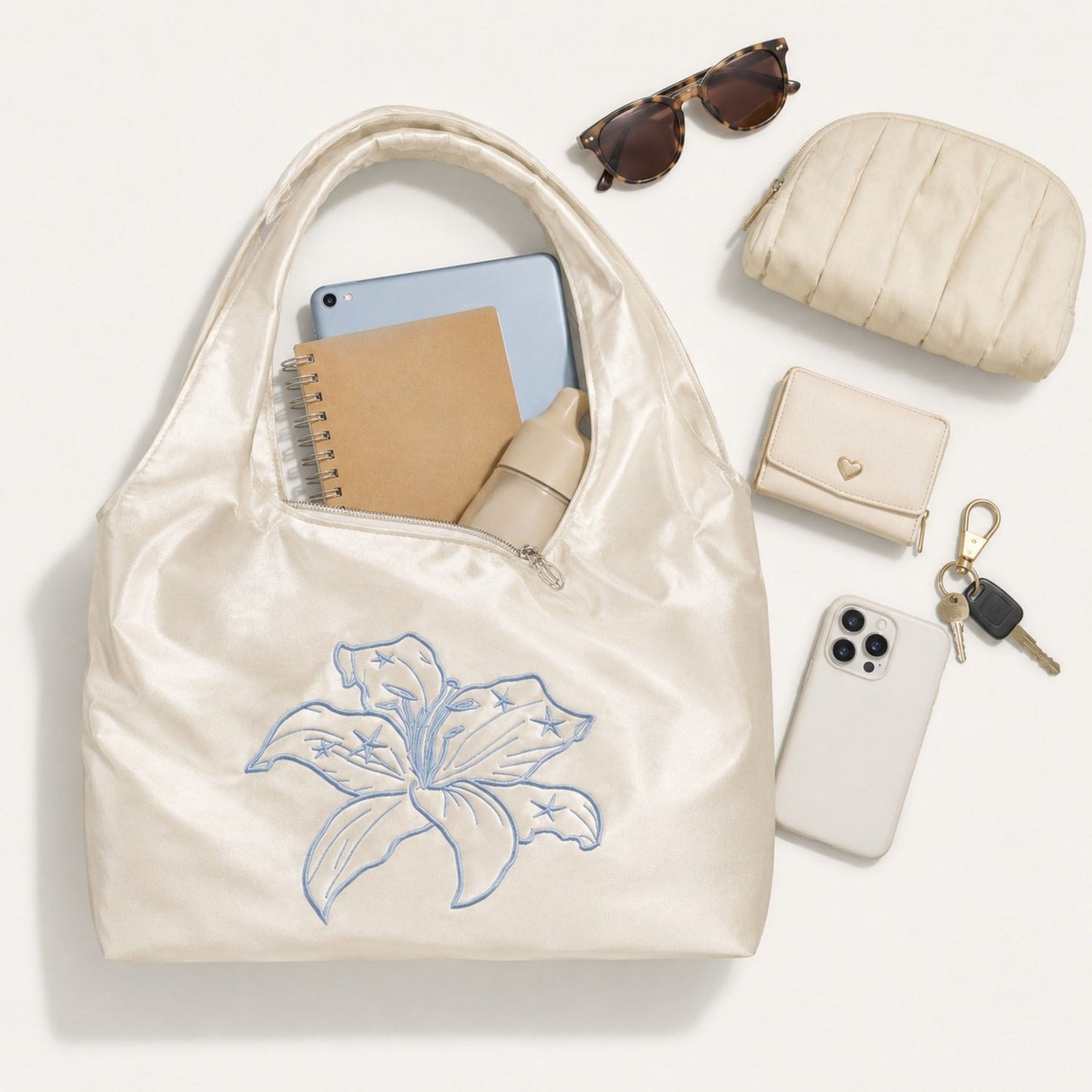 Satin Hobo Shoulder Bag with Embroidered Lily Detail
