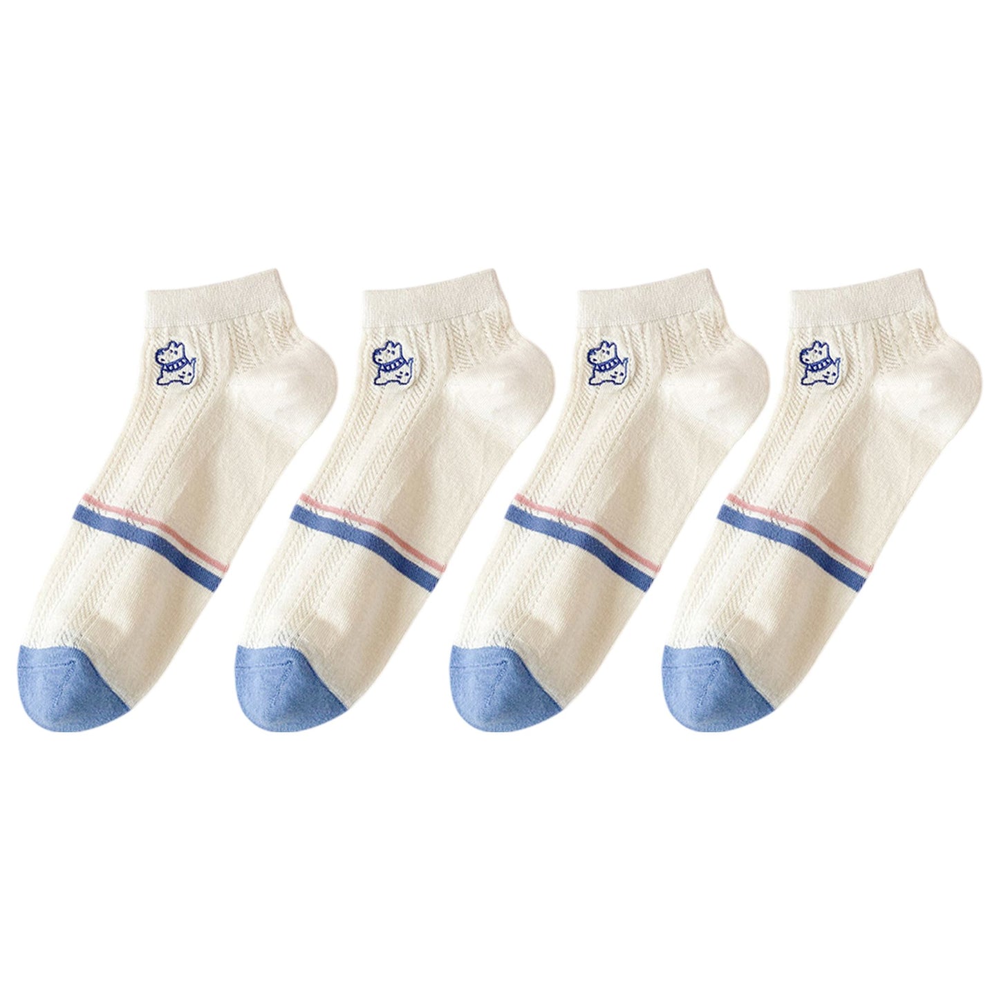 4 Pairs Low-Cut Mesh Knit Cotton Socks Cute Pattern Breathable Stretch for Everyday Casual Wear