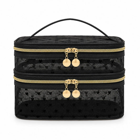 Two-Tier Cosmetic Organizer Bag with Heart Print Mesh Panels Gold Zippers and Carry Handle