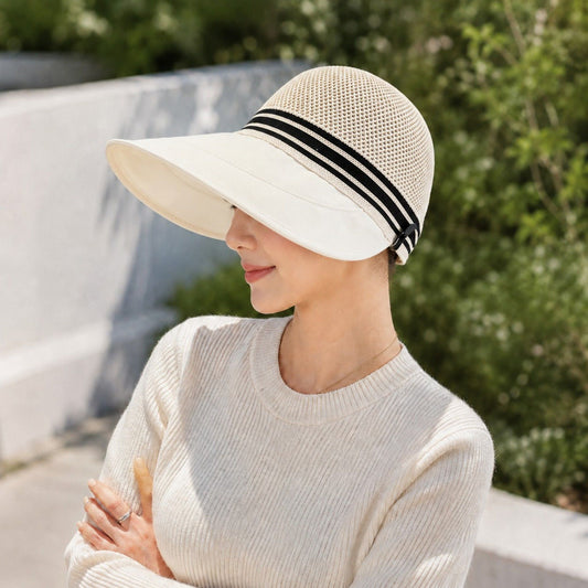 Woven Wide Brim Visor Hat with Striped Band Mesh Crown Adjustable Back Strap