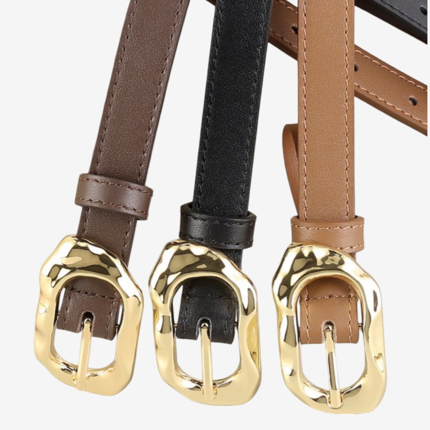 Genuine Leather Skinny Belt with Irregular Gold Tone Buckle 39.4in