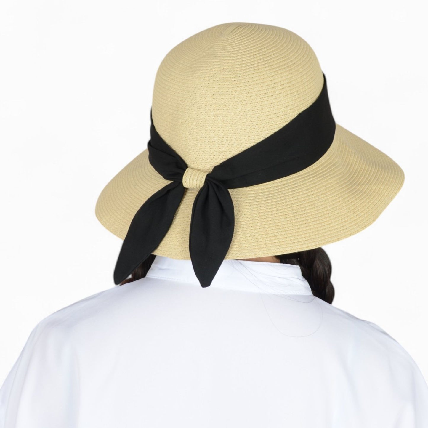 Women's Woven Floppy Sun Hat with Wide Ribbon Knot Detail and Curved Brim