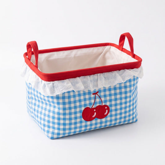 Cherry Embroidered Gingham Rectangular Storage Bin with Lace Ruffle & Handles