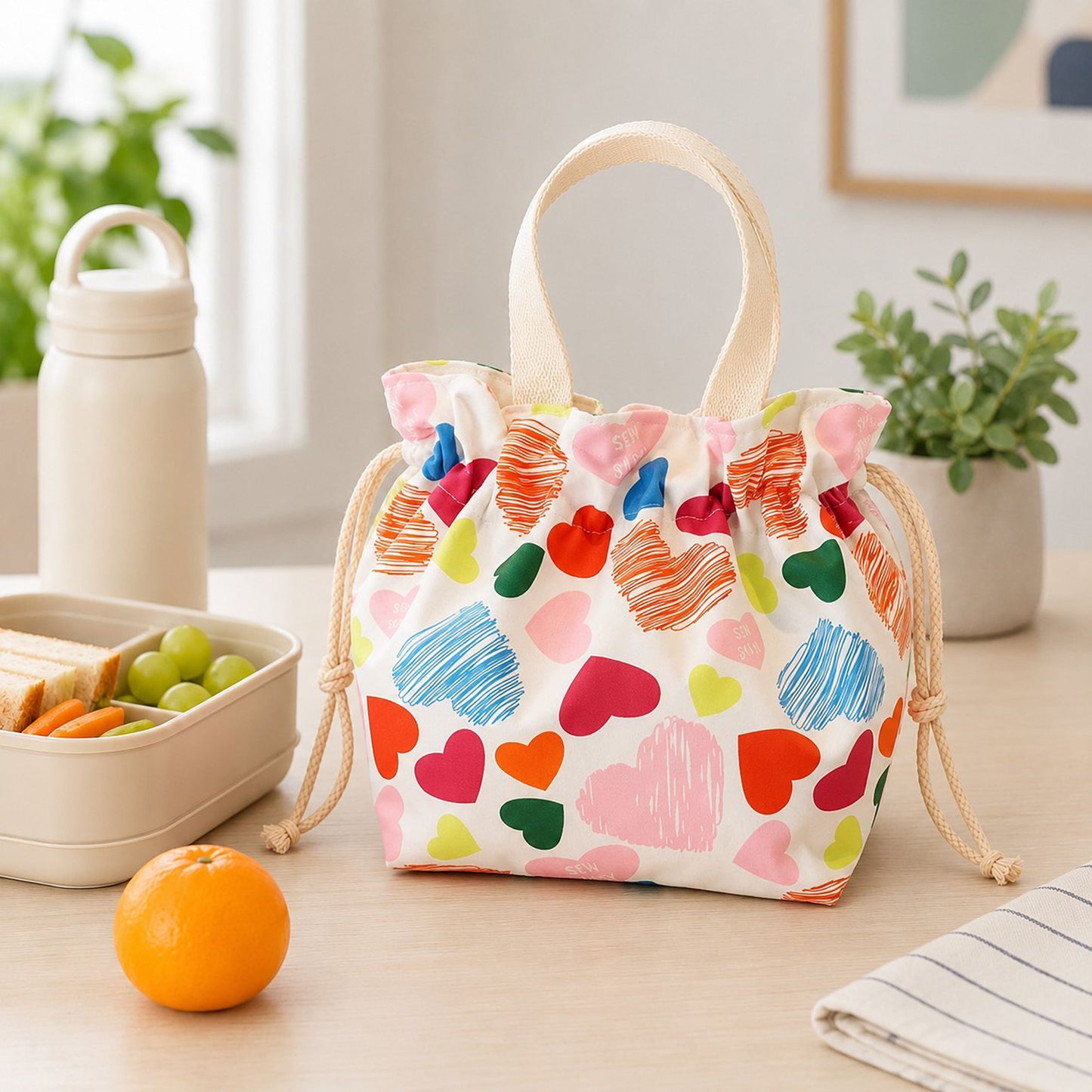 Printed Drawstring Lunch Tote with Top Handles
