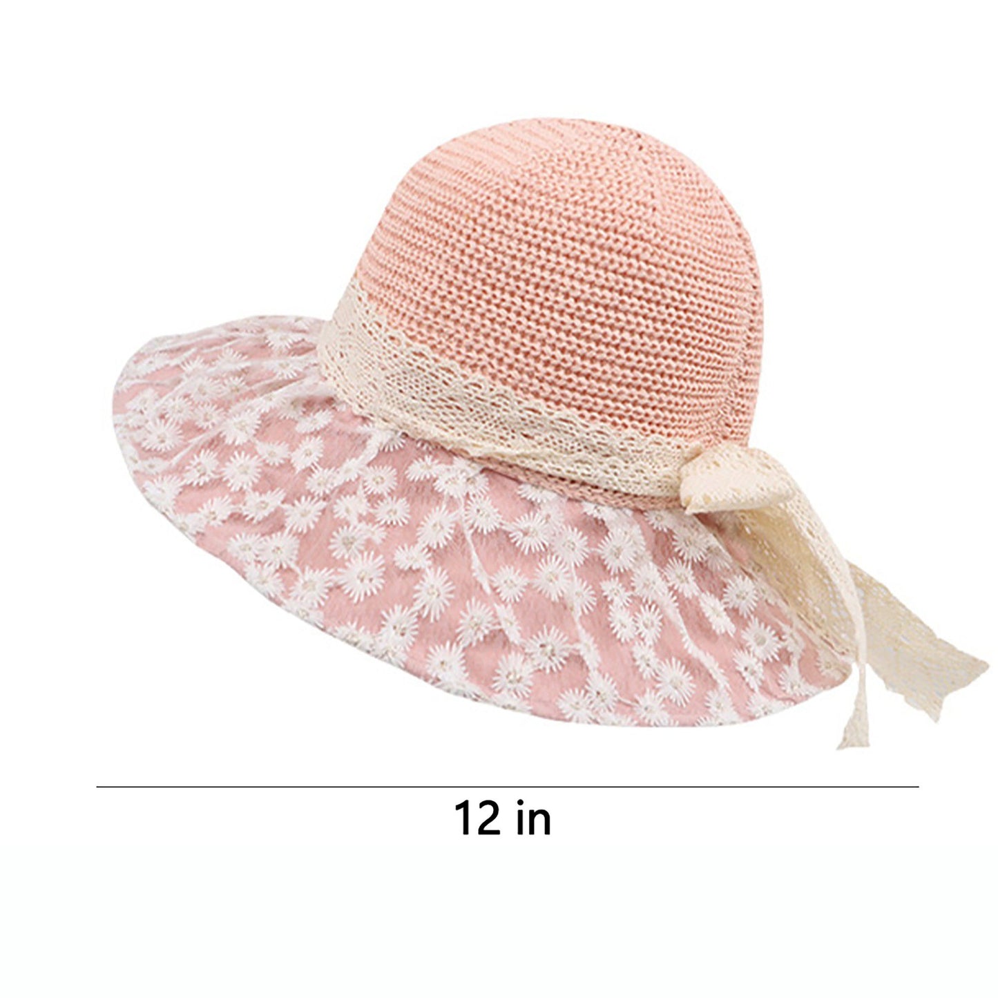 Crochet Sun Hat with Lace Bow Accent and Embroidered Sheer Wide Brim