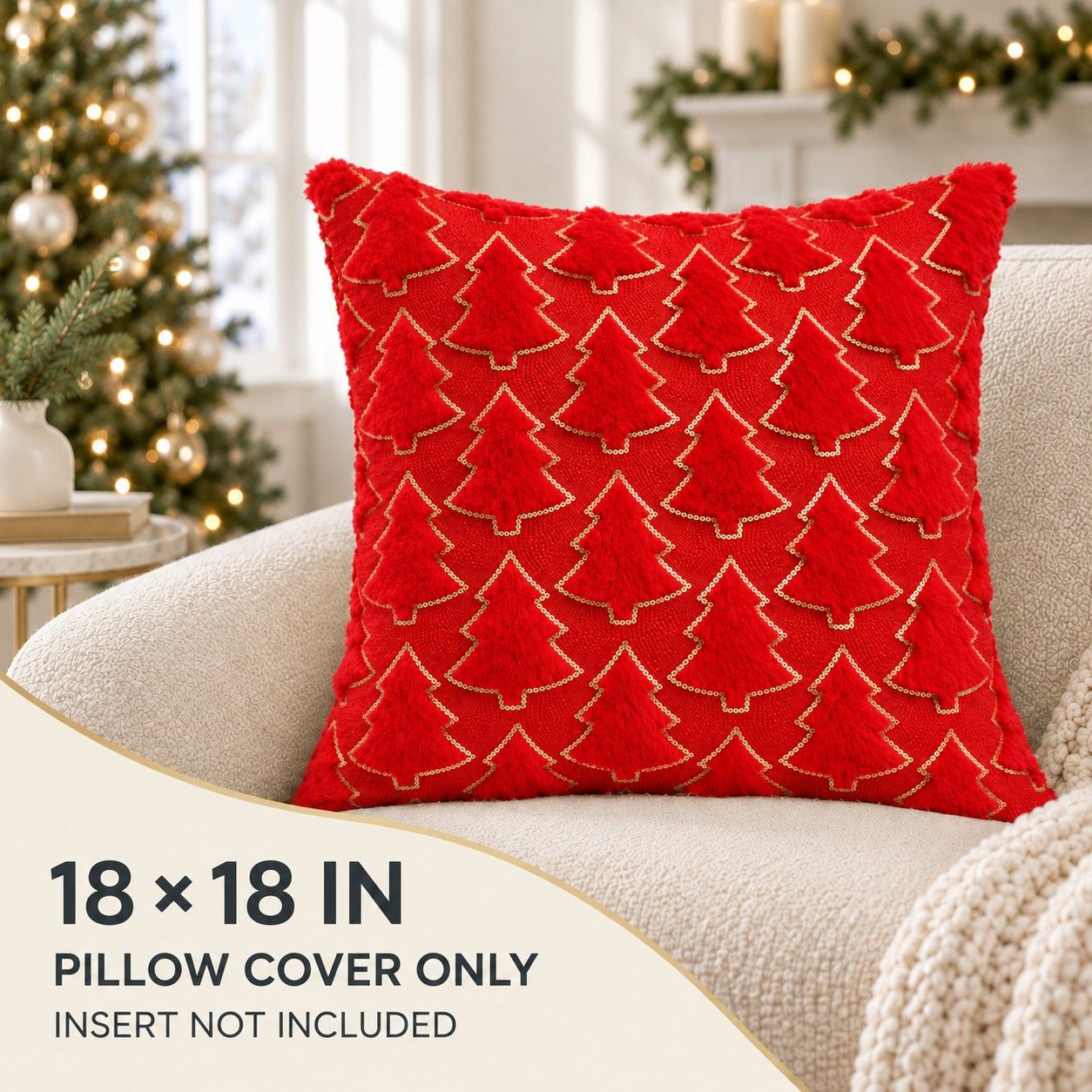 Plush Embroidered Christmas Tree Throw Pillow Cover 18 x 18 Inch Holiday Decor