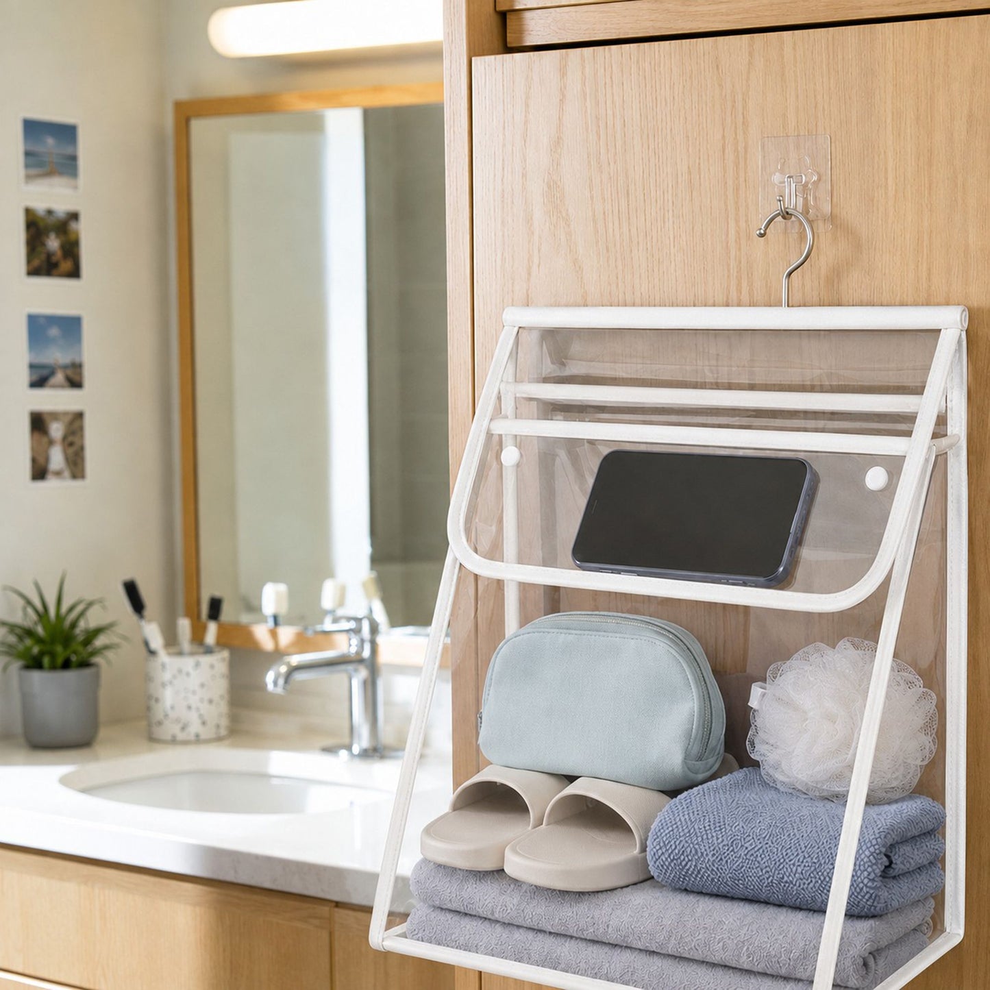 Clear Hanging Wall Storage Bag with Snap Flap Hook Bathroom Organizer