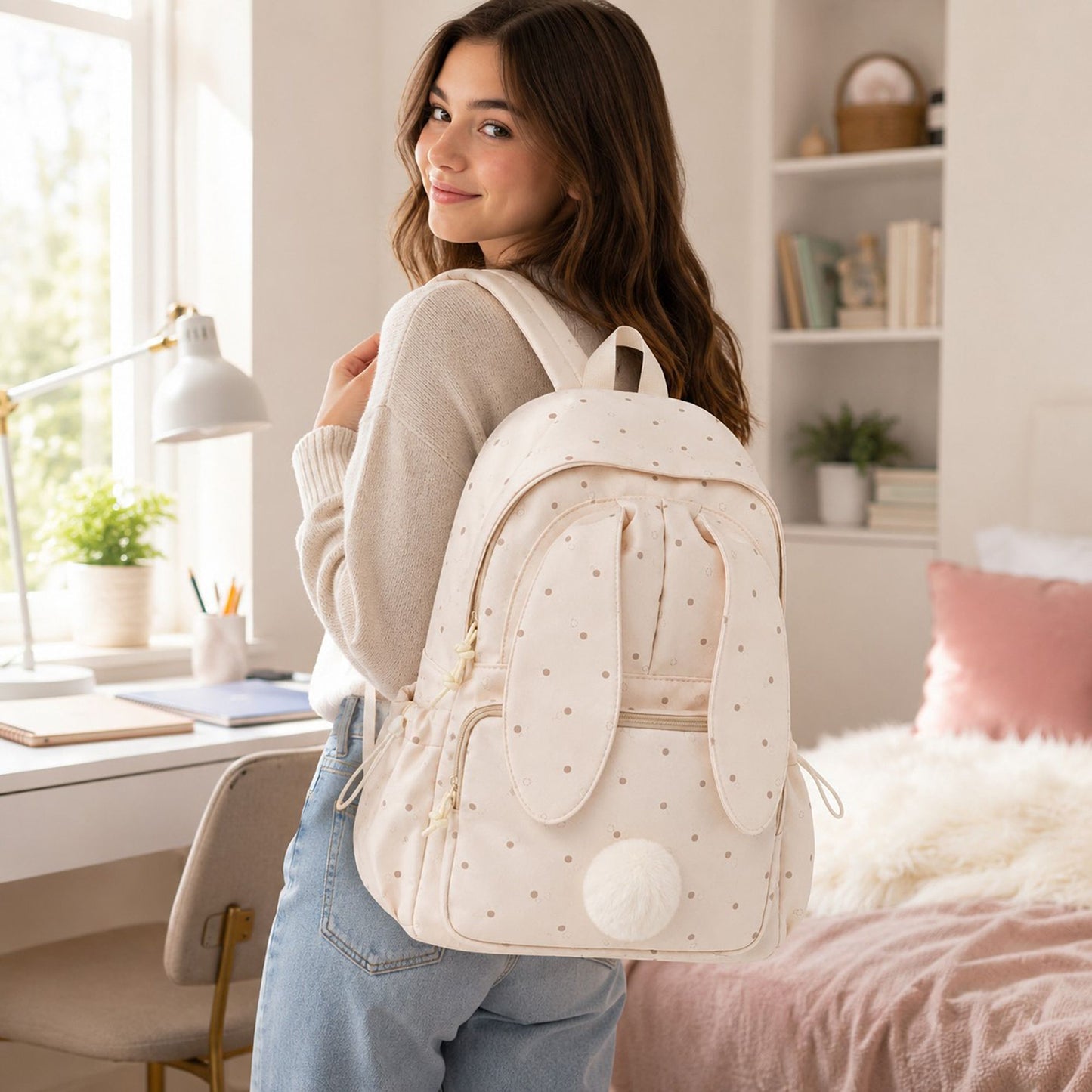 Bunny Ear Backpack with Pom Pom and Multiple Pockets