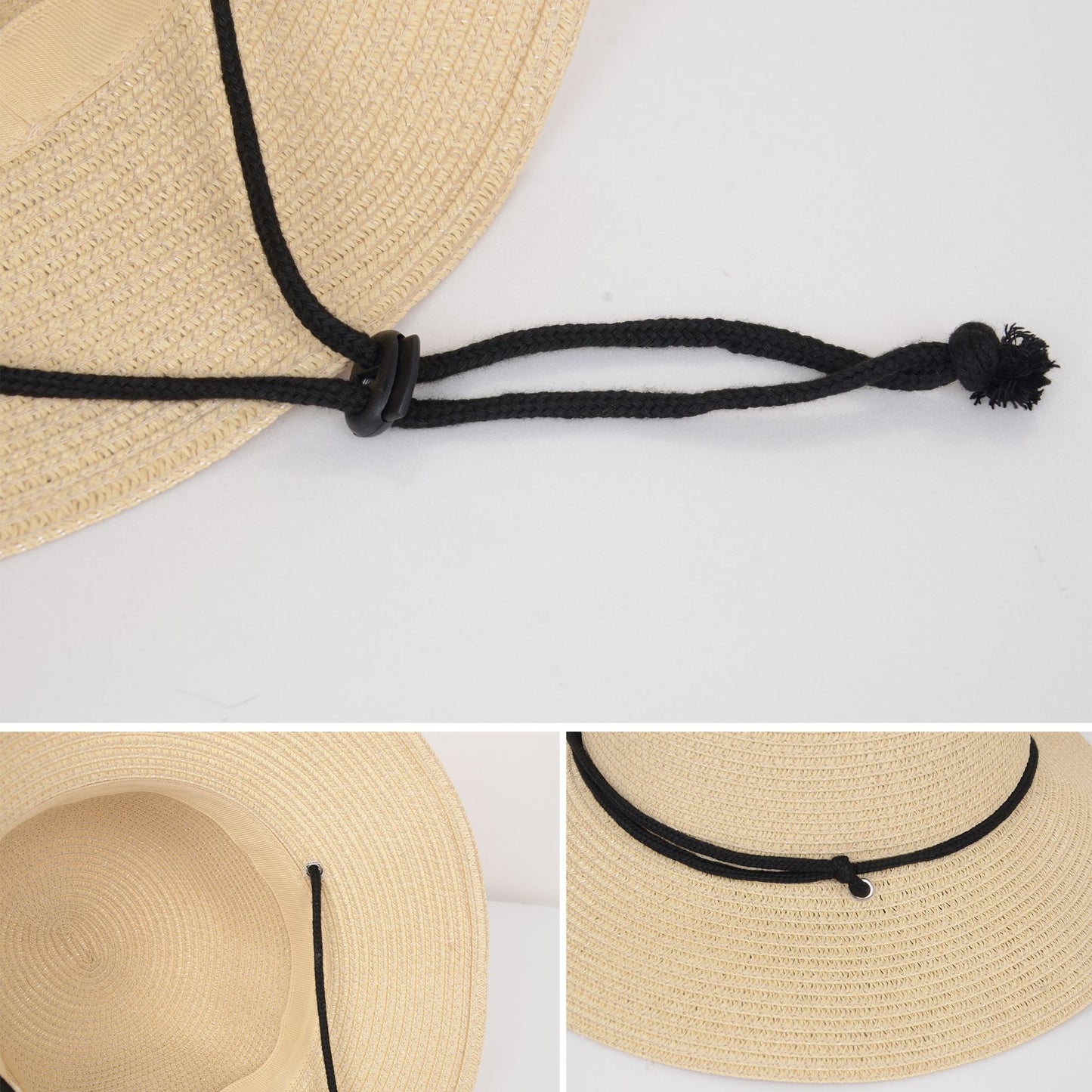 Wide Brim Straw Sun Hat with Chin Strap and Black Cord Detail for Outdoor Protection and Stylish Shade
