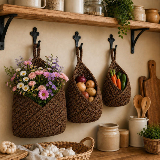Woven Cotton Rope Hanging Basket Set Wall Storage Organizer with Hooks