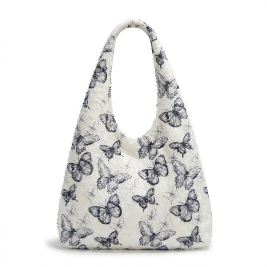 Butterfly Print Hobo Tote Bag with Lace Texture and Shoulder Handle
