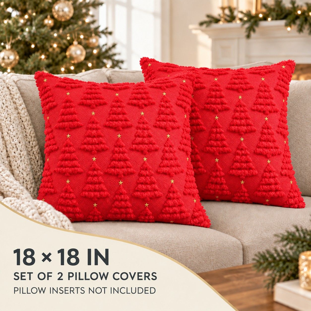 2 Pack Plush Textured Christmas Tree Throw Pillow Covers 18 x 18 Inch Holiday Decor