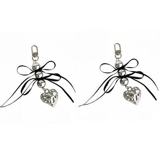 2 Pack Heart Charm Keychain with Bow Accent Bead Detail Clip and Key Ring Bag Accessory