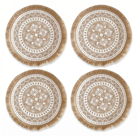4 Piece Boho Round Placemat Set Woven Look Heat Resistant Table Mats for Dining Table