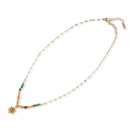 Women's Stainless Steel Beaded Necklace with 18K Gold Plated Sun Pendant, Adjustable Chain, Unique Design with Colorful Beads