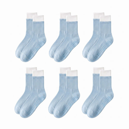 6 Pair Non-Slip Crew Socks with Contrast Ribbed Cuffs