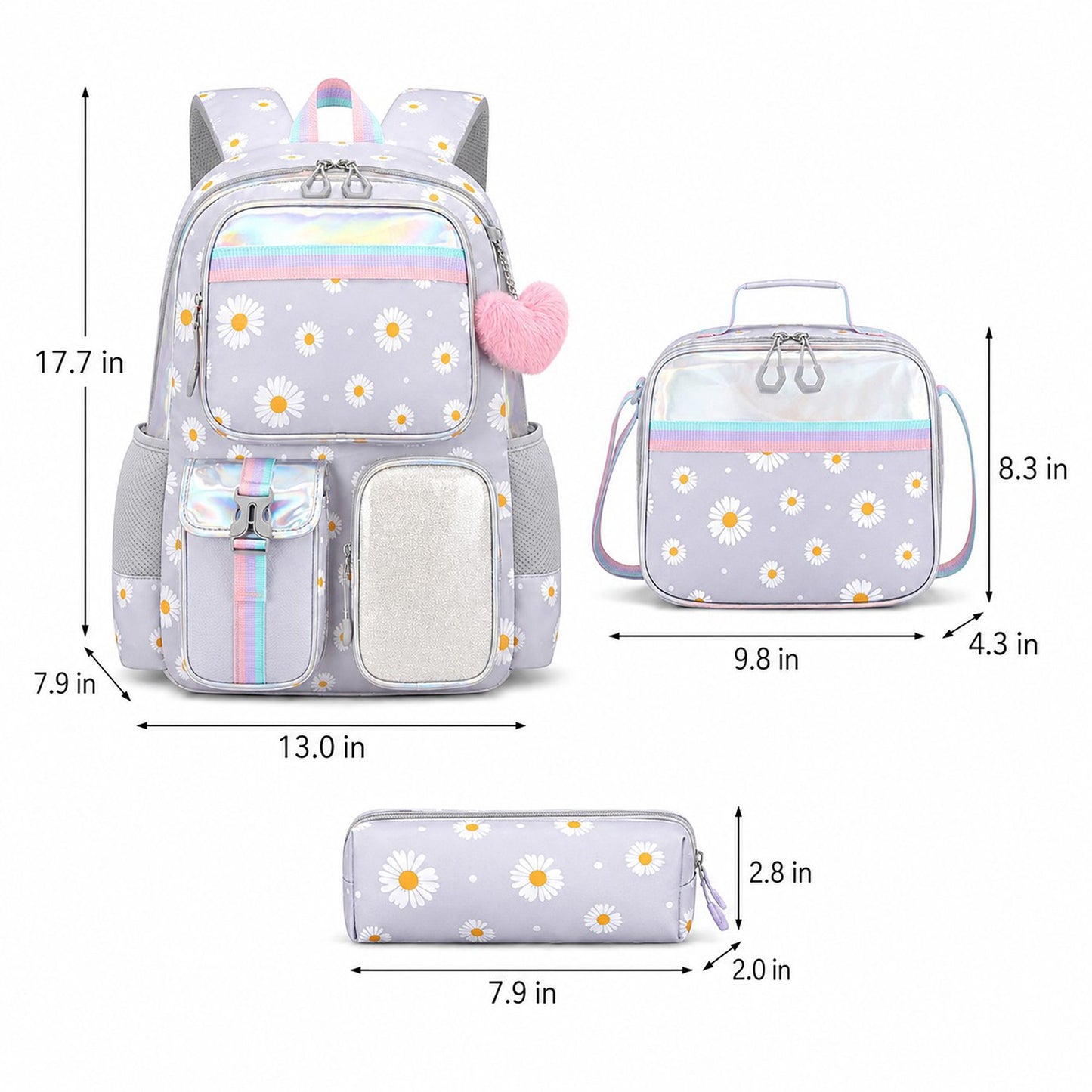 3pc Daisy Print School Backpack Lunch Bag Pencil Case Set