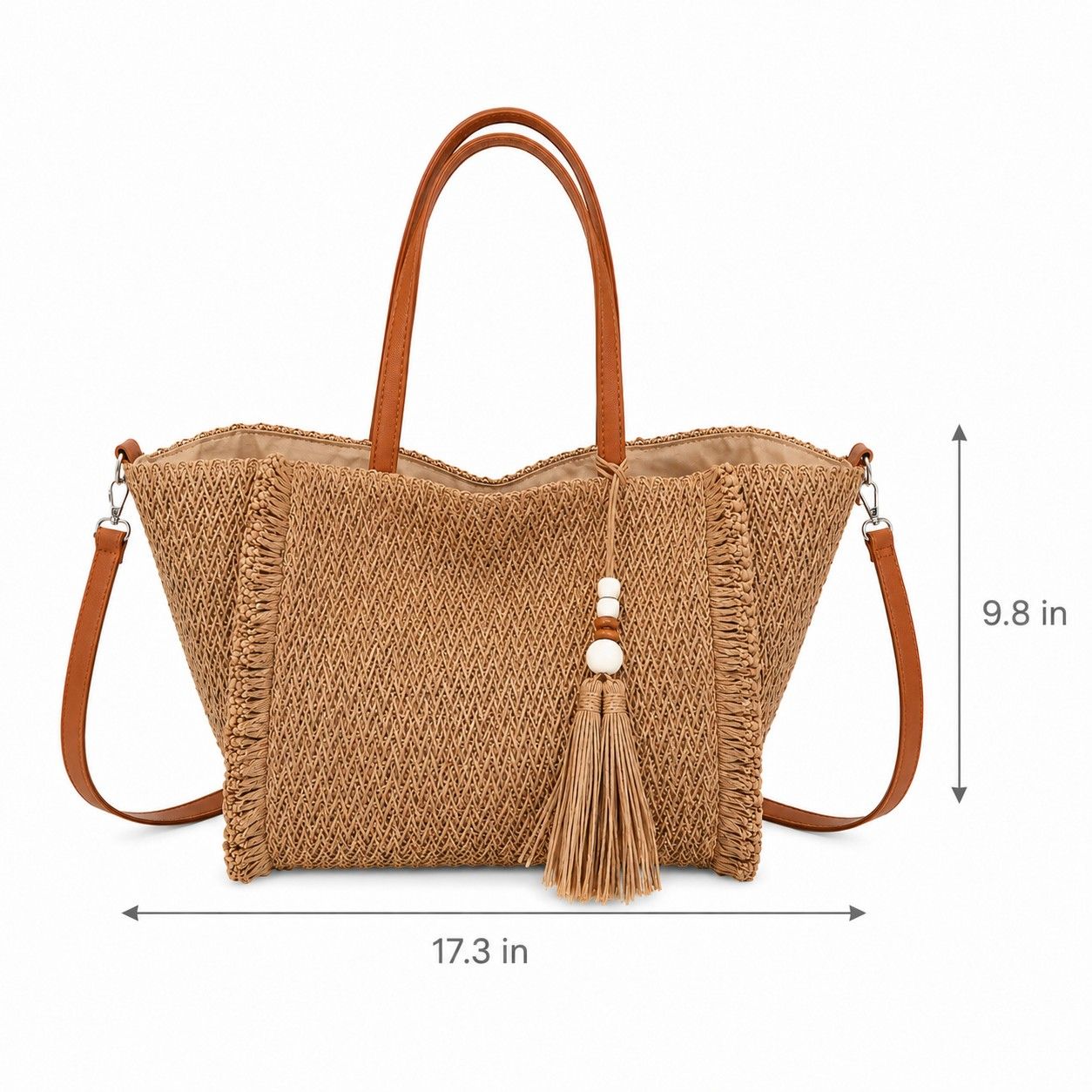 Fringe Woven Tote Bag with Detachable Strap Zip Closure and Tassel Accent