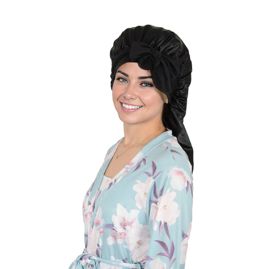 Satin Long Bonnet Sleep Cap with Stretch Turban Band for Hair Protection and Moisture Retention