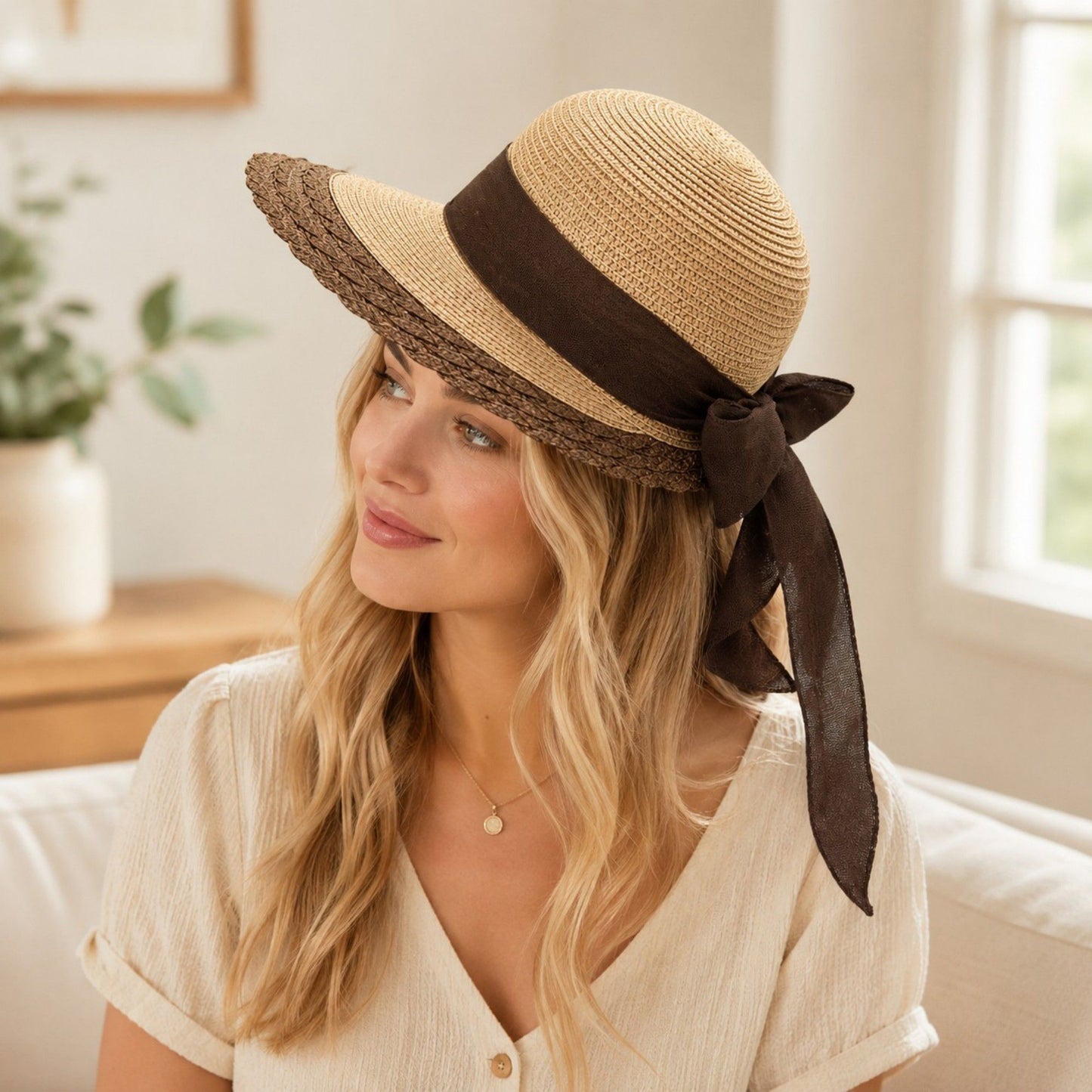 Summer Sun Hat for Women - Wide Brim Straw Hat with Elegant Bow Detail