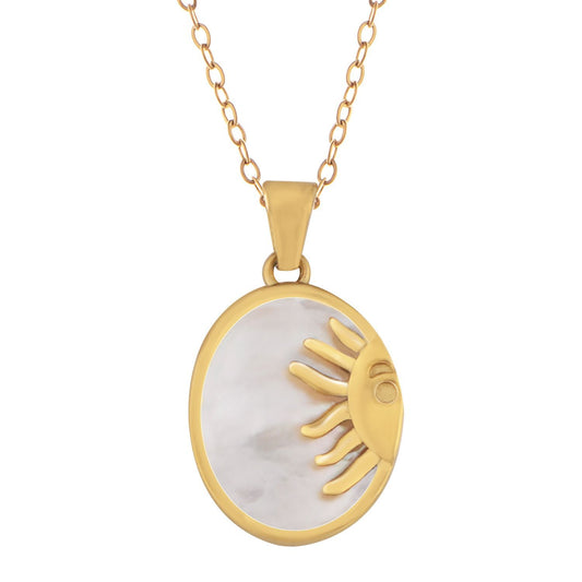 Women's Stainless Steel Necklace with 18K Gold Plated Sun and Moon Pendant, Adjustable Chain, Unique Design with Mother of Pearl