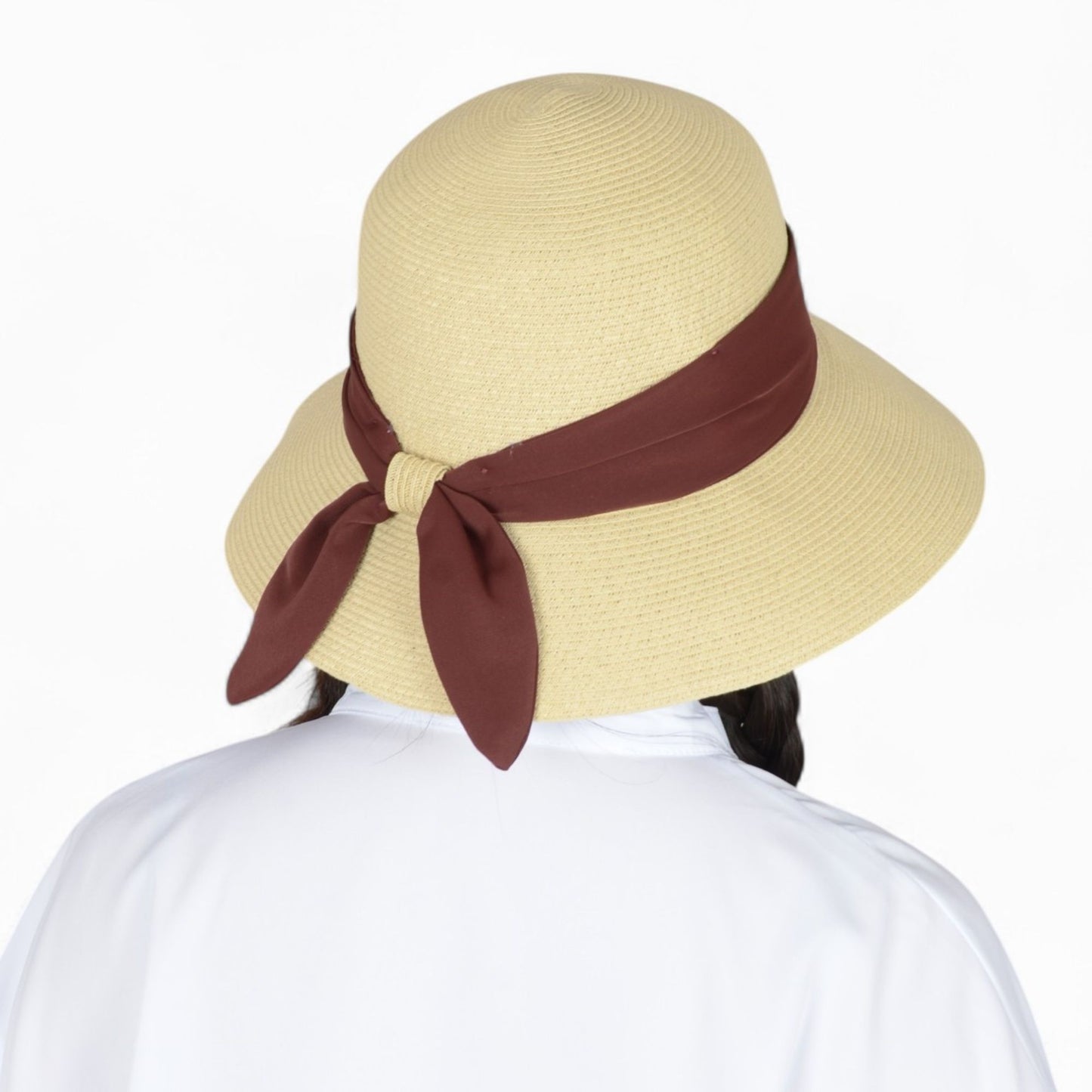 Women's Woven Floppy Sun Hat with Wide Ribbon Knot Detail and Curved Brim