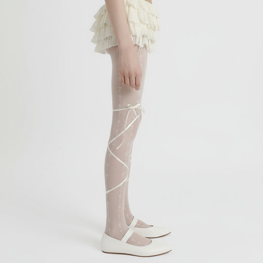Sheer Lace Pattern Tights with Ribbon Bow Wrap Detail and Stretch Fit