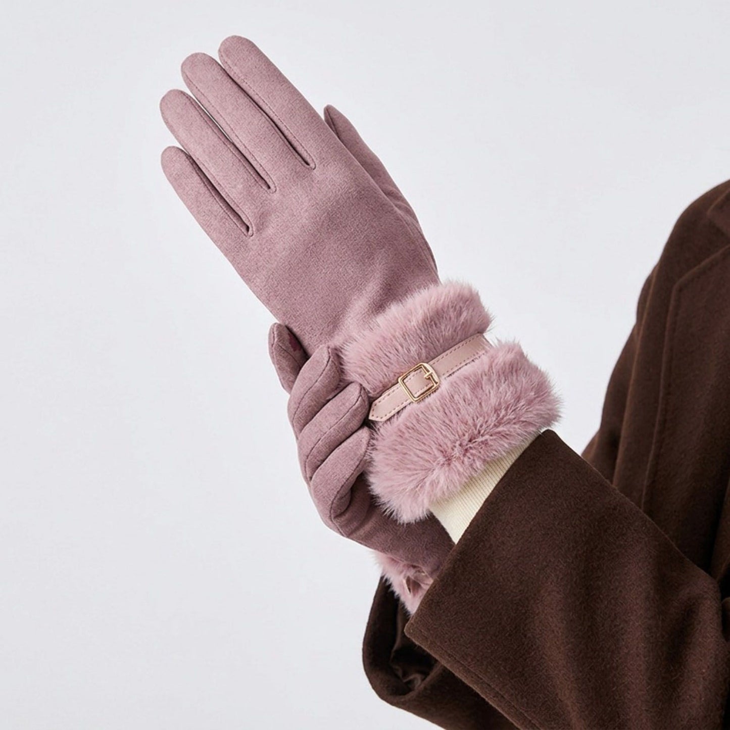 Faux Suede Gloves with Faux Fur Cuff and Buckle Detail 9.9 x 3.9in